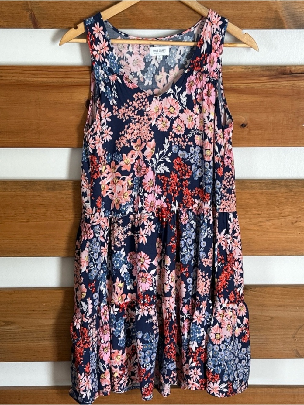 True Craft Navy Blue Floral Chic Sleeveless Dress Boho Midi Women’s Size M